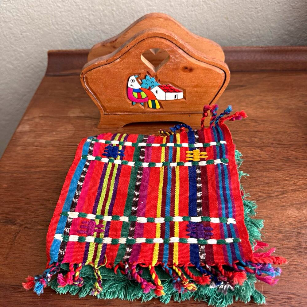 Vintage Mexican Folk Art Wooden Napkin Holder with Cloth Napkin